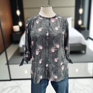 Caslon Floral Button Front Blouse 1X Tie‎ Sleeve Vintage Wash Cottagecore